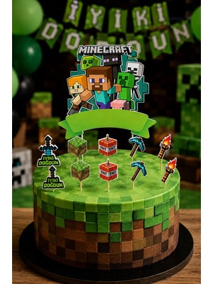 Dodomar Minecraft Pasta Süsü Seti Büyük Figür ve 10'lu Kürdan Dekoru Doğum Günü Süsü