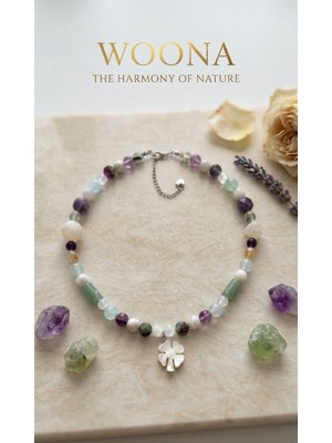 Woona Doğal Taş Şans ve Çakra Kolyesi - Ametist & Ay Taşı & Akuamarin & Aventurin & Florit & Prehnit & Sitrin Selenit El Yapımı Ayarlanabilir Özel Tasarım Art Of Harmony Premium Doğal Taş Kolye