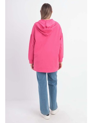 Allday  Fuşya Kapüşonlu Fermuarlı Likralı Sweat Hırka