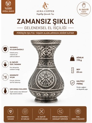 Aura Copper El Işlemeli Eskitme Desenli Bakır & Gold Sarı Pirinç Vazo 23 cm – El Işçiliği Dekoratif Salon Mutfak Konsol Çiçeklik ve Ofis Vazosu Obje