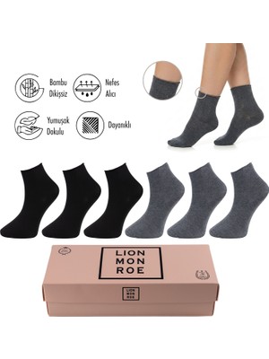 Lion Monroe Saf Bambu Kadın Lastiksiz Siyah-Gri Soket Dikişsiz Premium Çorap Kutulu 6'lı / Iz Bırakmaz / Sıkmayan Çorap L5952AZNB Softaura