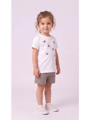 Bican Kız Çocuk Kelebek Baskılı %100 Pamuklu T-Shirt ve Şort Alt Üst Takım