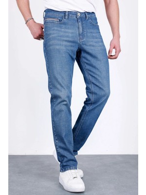 Hlt Jeans Erkek Şerit Detaylı Mavi Regular Fit Boru Paça Esnek Likralı Jeans Kot Pantolon HLTHE001964