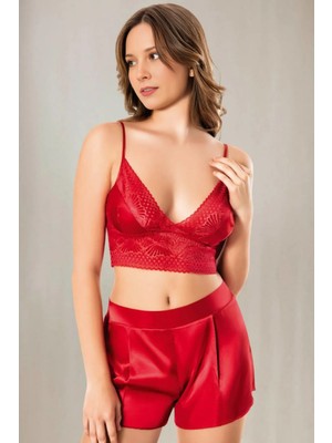 Homay 2'li Dantel Gövdeli Bralet ve Şortlu Saten Pijama Takımı