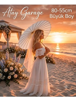 Atay Garage Japon Kağıt Şemsiye 55-80CM Ebatlarında Büyük Boy Beyaz Semsiye- Bambu Saplı Dekoratif El Şemsiyesi