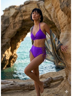 Deep Beach Toparlayıcı ip bağlamalı yüksek bel bikini takım