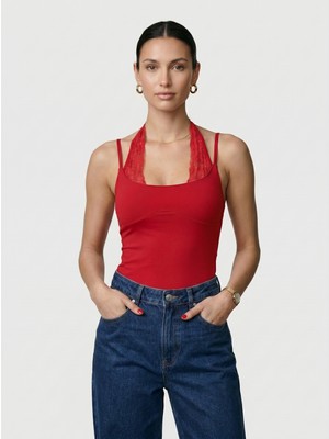 Noe Collection Kadın Dantel Yaka Ince Askılı Çıtçıtlı Bodysuit
