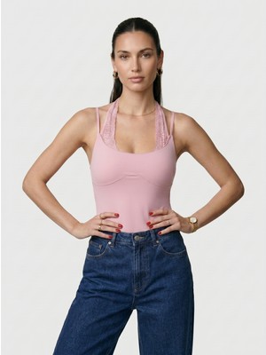 Noe Collection Kadın Dantel Yaka Ince Askılı Çıtçıtlı Bodysuit
