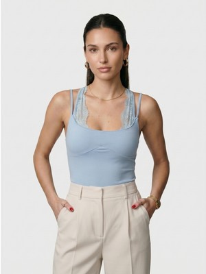 Noe Collection Kadın Dantel Yaka Ince Askılı Çıtçıtlı Bodysuit