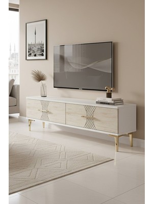 Yumedi Design TSA1232BT - Merve Tv Stand , Tv Sehpası 120CM Beyaz-Traverten