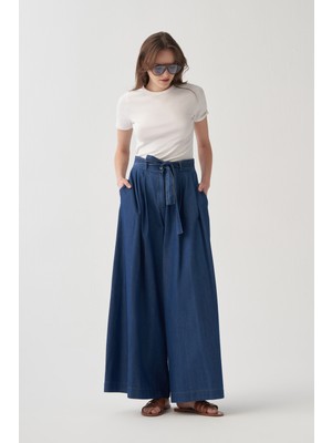 Allday  Mavi Kemerli Pileli Bol Paça Denim Pantolon