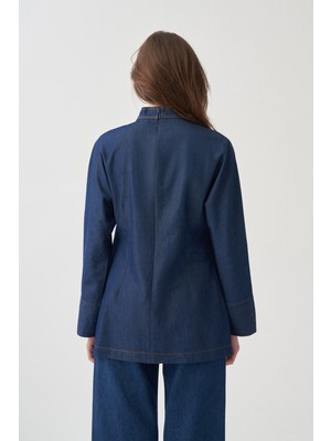 Prem  Mavi Yakası Kuşak Detaylı Denim Bluz