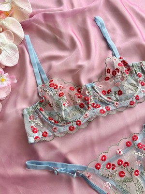 D Lingerie Jardin Bleu Dantel Transparan Bralet Sütyen Takımı DM1359