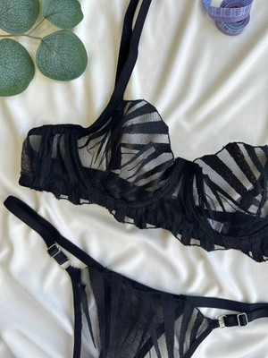D Lingerie Éclipse Noire Dantel Transparan Bralet Sütyen Takımı DM1370