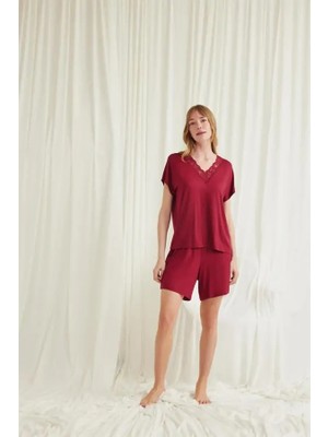 Mor AVM Closet Kısa Kollu Dantelli V Yaka Şort Pijama Takımı