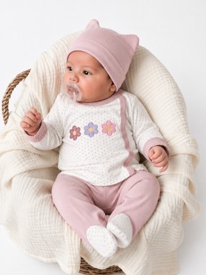 Panfilia %100 Pamuk 0-3 Ay Kız Bebek Hastane Çıkışı 3'lü Set / Yenidoğan / Zıbın