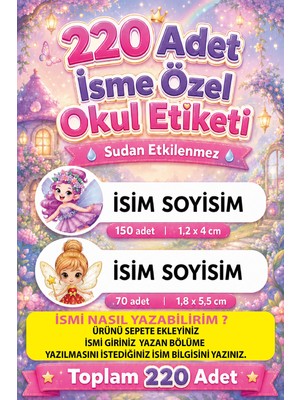 Cabuk Baskı Kişiye Özel Kız Çocuk Okul Isim Etiketi 220 Adet Peri ve Kelebek Temalı – Suya Dayanıklı Kreş, Anaokulu, Suluk ve Matara Etiketi