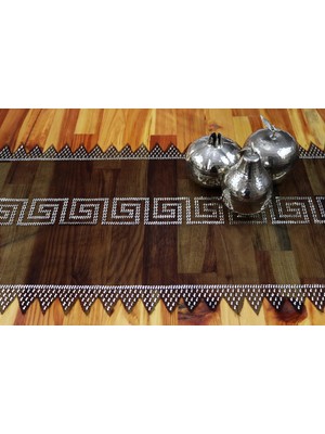 Muguetarts %100 El Yapımı Lüks Masa Örtüsü - Gümüş Tel Işlemeli Siyah Ankara Tül Runner 120X35CM