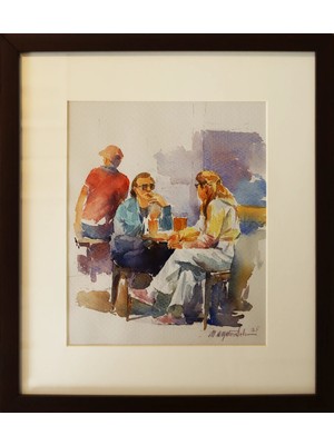 Muguetarts Kahve Keyfi Orjinal Suluboya Tablo - Mehmet Najafzadeh Eseri 42X37 cm