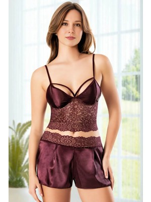 Homay 2’li Dantel Gövdeli Şortlu Saten Pijama Takımı