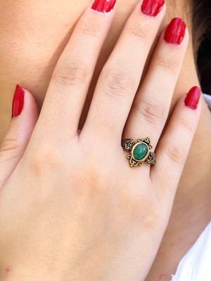 Esha Store Doğal Taş Yeşil Akik Doğal Taşlı Antik Model Kadın Ayarlanabillir Yüzük EUY78YA