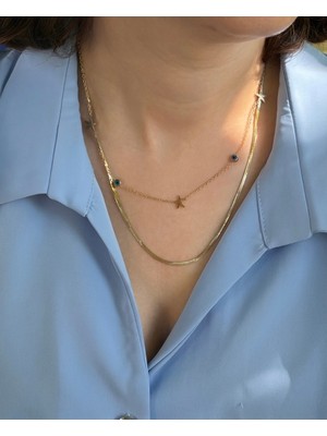 Stainless Steel Zarafet Müzesi Çelik Ikili Kombin Kolye - Yıldız ve Nazar Boncuklu Zincir Kolye Seti - Kararmaz Gold Renk