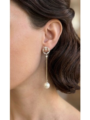 Xuping Jewelry Xuping Vıp Seri Çelik Gold Baget Taşlı Incili Uzun Zincirli Küpe