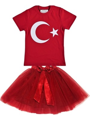 Nacar Store Kız Çocuk 23NISAN 29EKIM Gösteri Kostüm Doğumgünü Kıyafeti Ayyıldız Kısa Kol & Tütü Etek Takım