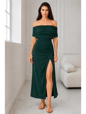 Meride Fashion Kayık Yaka Belden Büzgülü Yırtmaç Detaylı Midi Elbise