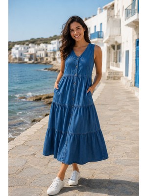HC Kids Wear Kadın Büyük Beden Kot Elbise Yazlık Kolsuz Düğmeli Midi Boy Denim Elbise