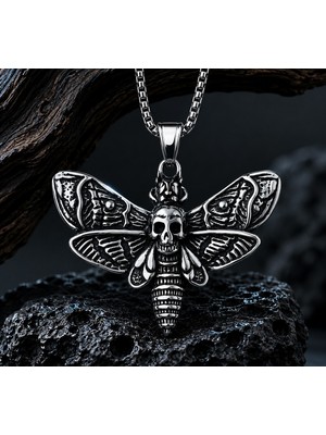 Voyage Accessory Paslanmaz Çelik Gotik Stil Kurukafa Detaylı Acherontia Lachesis Güve Kolye