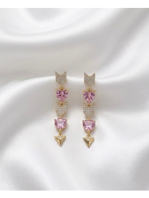 Xuping Jewelry Vıp Seri Kararmaz Çelik Ikili Ok Kalp Figürlü Zirkon Taşlı Sallantılı Pembe Küpe