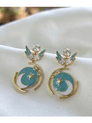 Xuping Jewelry Xuping Gold Kaplama Mavi Mineli Melek Kanadı Ay Yıldız Sallantılı Zirkon Taşlı Küpe