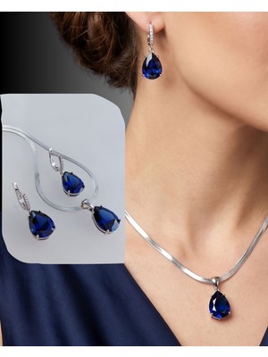 Luna Luster 925 Ayar Gümüş Safir Mavisi Damla Tanzanit Doğal Taşlı Kadın Mücevher Set Kolye Küpe