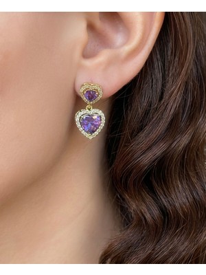Xuping Jewelry Zarafet Müzesi Xuping Vip Seri Mor Zirkon Taşlı Ikili Kalp Küpe Çift Kalpli Sallantılı
