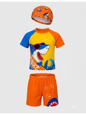 Gny Giyim Çocuk Mayo Desenli Güneş Korumalı Boneli Şortlu Mayo Takım 3 Parça Plaj Havuz Deniz