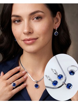 Luna Luster 925 Ayar Gümüş Safir Mavisi Tanzanit Doğal Taşlı Kadın Mücevher Set Kolye Küpe Yüzük S124