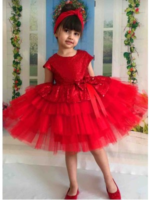 Ayancık Kids Kız Çocuk Kırmızı Tüllü Abiye Elbise (2-3-4-5-6-7-8-9-10-11-12) Yaş Düğün, Doğumgünü Elbisesi
