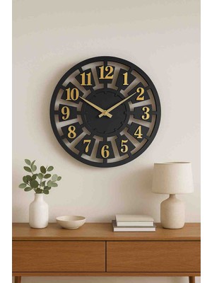 Eyka Store Büyük Boy Siyah Ahşap Duvar Saati Gold Rakam Detaylı Sessiz Mekanizma  60 cm