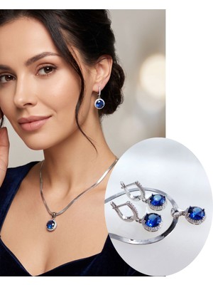 Luna Luster 925 Ayar Gümüş Safir Mavisi Tanzanit Doğal Taşlı Kadın Mücevher Set Kolye Küpe S167