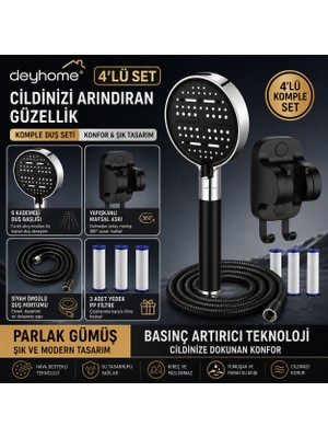 Deyhome 6 Kademeli Basınç Artırıcı Filtreli Duş Başlığı Slikon Tutamaçlı Pp Filtre | Hava Destekli Tasarım, Evrensel Bağlantı, Siyah-Gümüş