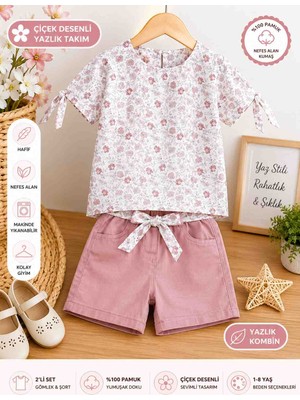 Güler Butik Kız Çocuk Çiçek Desenli Gömlek ve Pudra Şort Takımı Yazlık Kısa Kollu 2'li Takım 6-7-8-9 Yaş