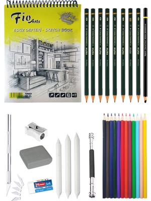 Acuto A5 Eskiz Defteri 90 gr Eskiz Seti Dereceli Kalem Set Kuruboya 12li Karakalem Çizim Seti