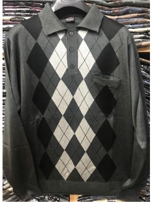 Nacar Store Erkek Desenli Polo Yaka Ince Yün Triko Düğmeli Baba Kazak