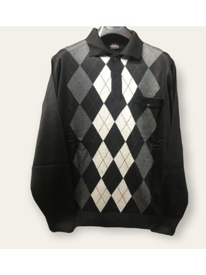 Nacar Store Erkek Desenli Polo Yaka Ince Yün Triko Düğmeli Baba Kazak