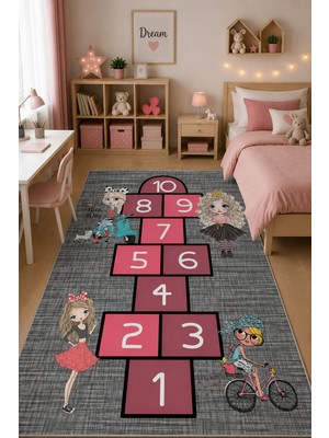 Norella Home Kız Çocuk Seksek Oyun Halısı Kaymaz Taban Yıkanabilir Çocuk Odası Halısı