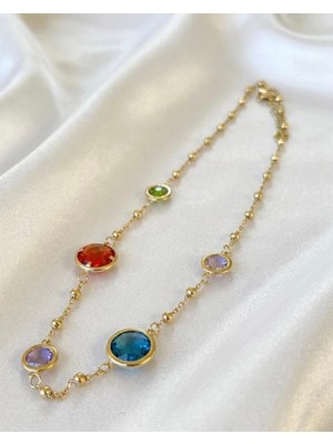 Stainless Steel Renkli Taşlı Tasarım Zincir Kolye - Zarif Çelik Kolye - Gold Renk Detaylı Kolye