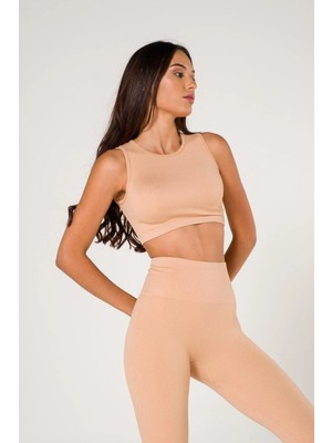 Formactive Kadın Seamless Fitilli Spor Sütyeni Kalın Askılı Camel Renk - Esnek Spor Iç Giyim & U Yaka