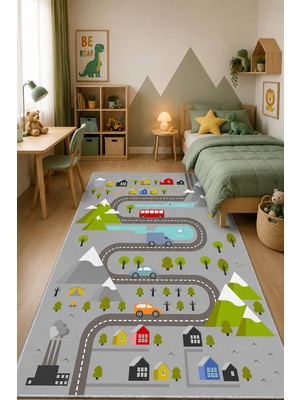 Norella Home Şehir ve Yol Desenli Çocuk Halısı Kaymaz Taban Yıkanabilir Oyun Halısı