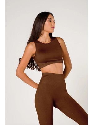 Formactive Kadın Seamless Fitilli Spor Sütyeni Kalın Askılı Kahverengi - Esnek Spor İç Giyim & U Yaka